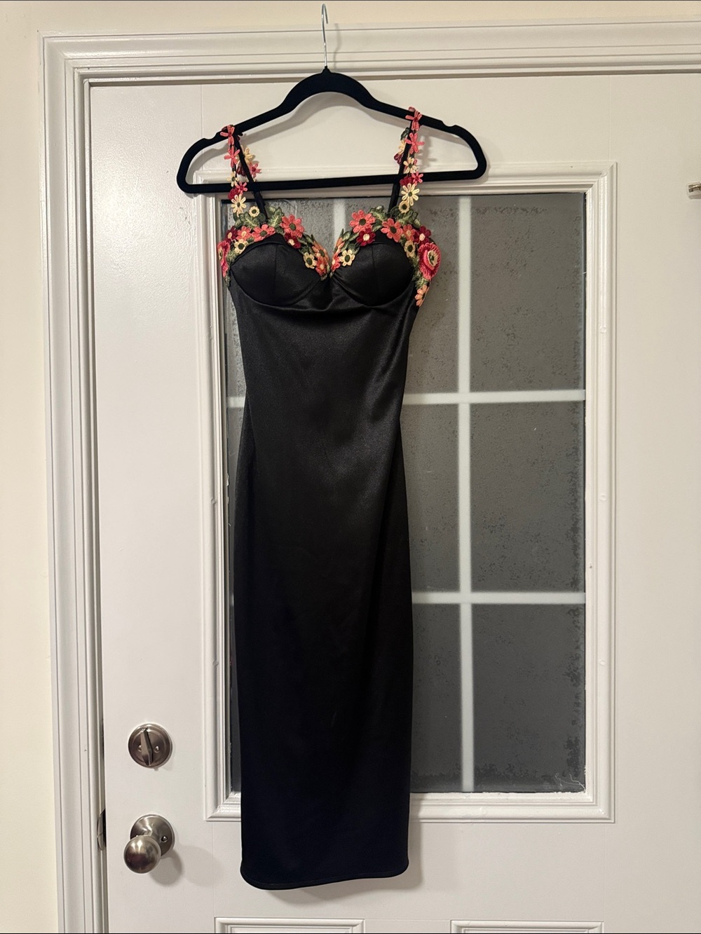 B Darlin Black Midi Dress with Pink & Green Floral Embroidery
